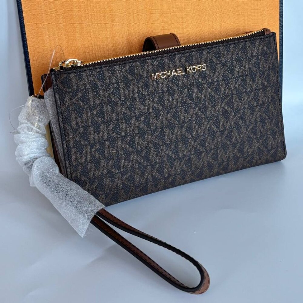 NWT Michael Kors Jet Set Travel Double Zip Large Phone Wallet MK Brown/Luggage